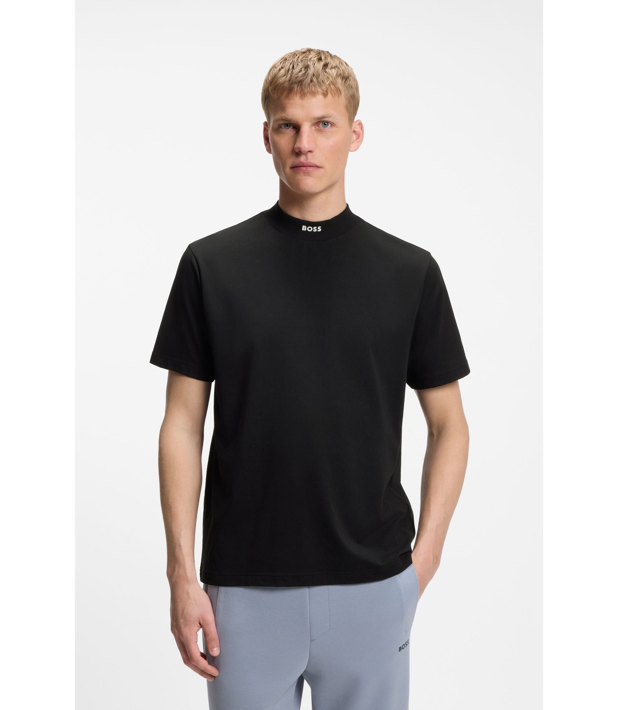 BOSS - Relaxed-fit mock-neck T-shirt in stretch cotton - Black