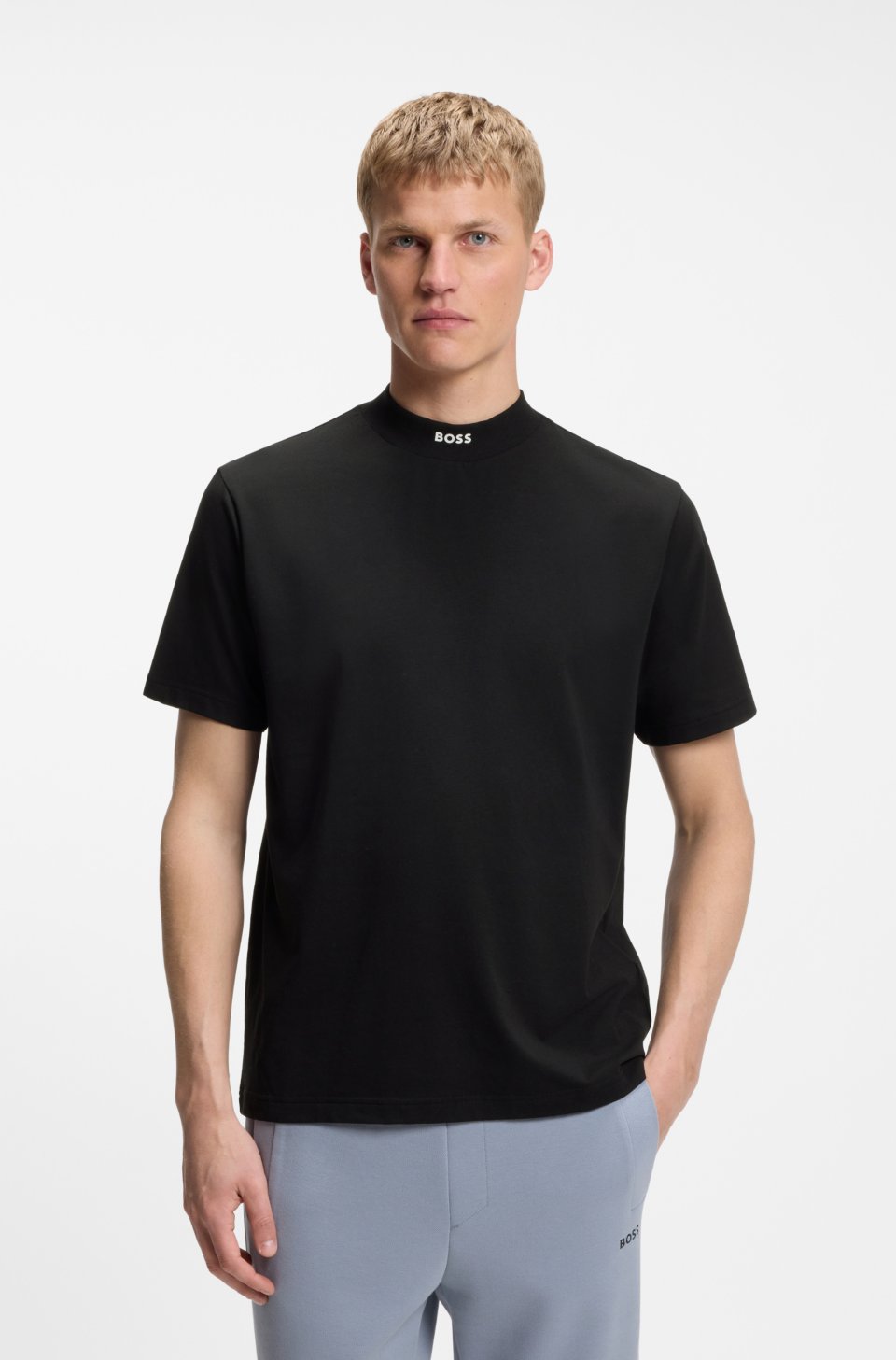 Relaxed-fit mock-neck T-shirt in stretch cotton