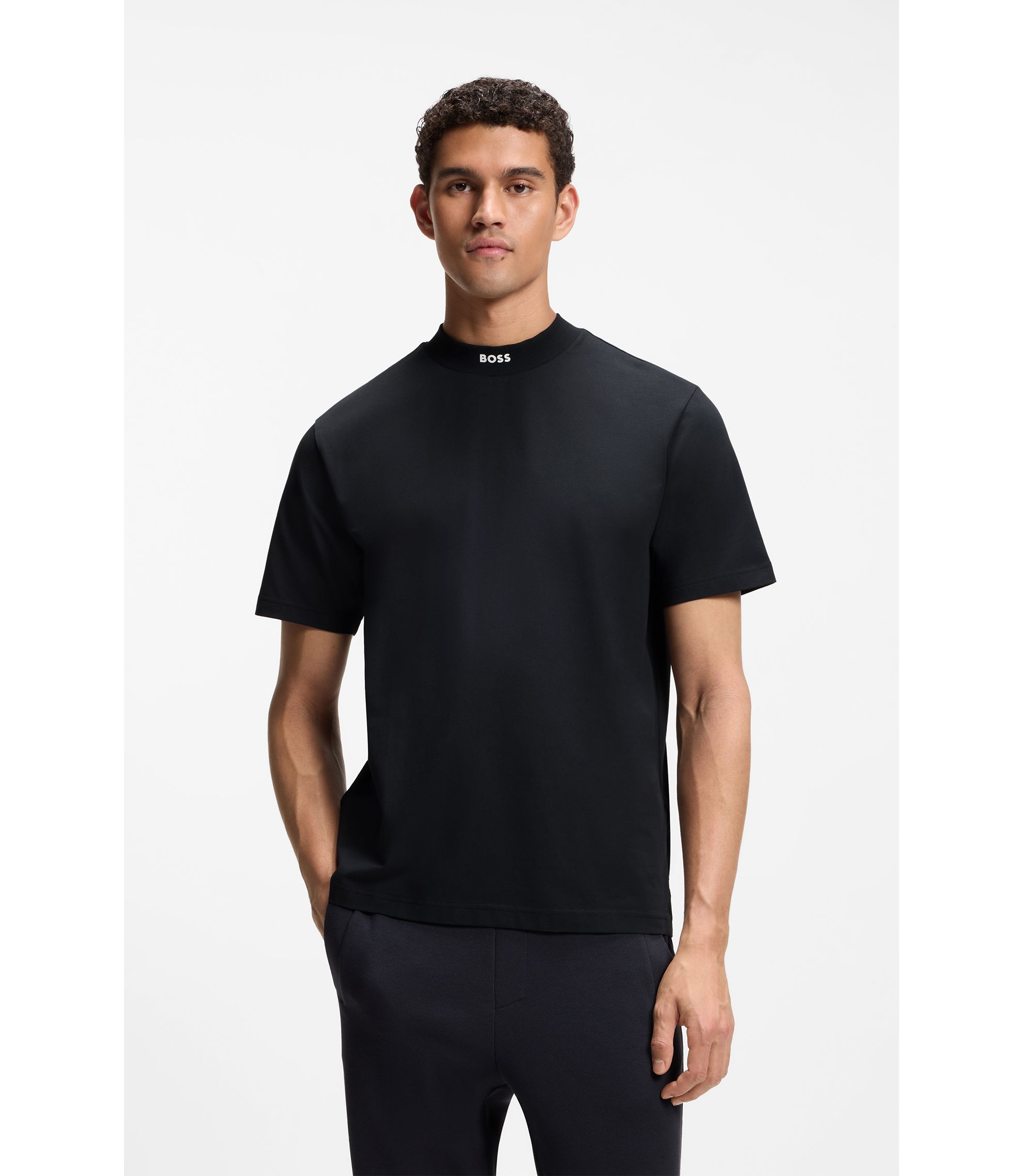 BOSS - Relaxed-fit mock-neck T-shirt in stretch cotton - Dark Blue