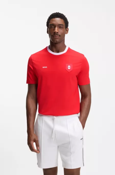 Stretch-cotton T-shirt with country flag and logo