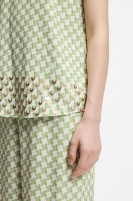 Geometric-print sleeveless top with sequins, Light Green