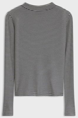 Mock-neck top in striped cotton crepe, White / Black