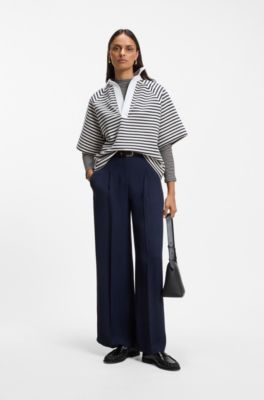 Mock-neck top in striped cotton crepe, White / Black