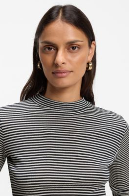 Mock-neck top in striped cotton crepe, White / Black