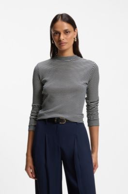Mock-neck top in striped cotton crepe, White / Black