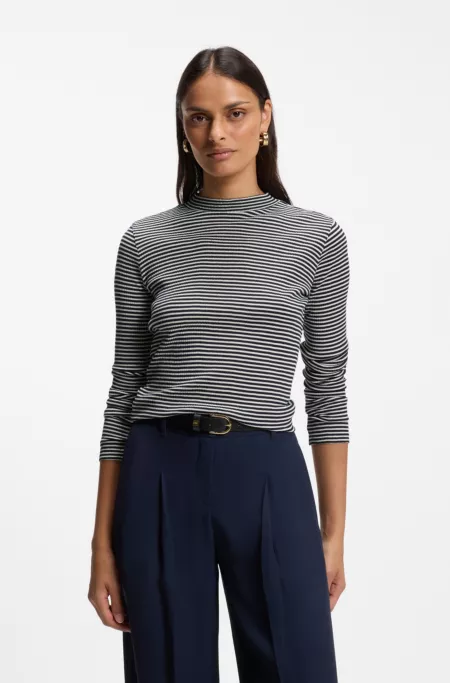 Mock-neck top in striped cotton crepe