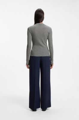Mock-neck top in striped cotton crepe, White / Black