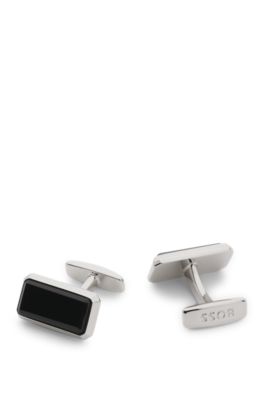 Rectangular brass cufflinks with black enamel insert, Black