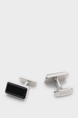 Rectangular brass cufflinks with black enamel insert, Black