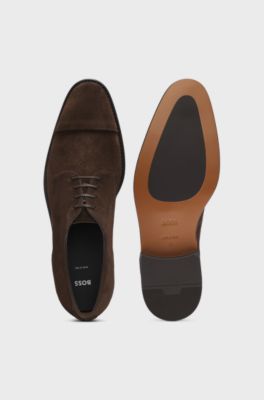 Derby shoes in suede with cap toe, Dark Brown