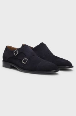 Monk shoes in suede with double strap, Dark Blue