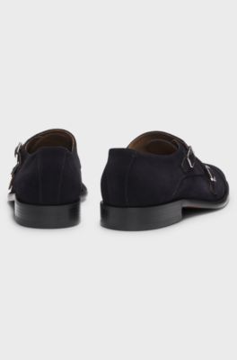 Monk shoes in suede with double strap, Dark Blue