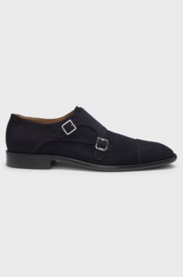 Monk shoes in suede with double strap, Dark Blue