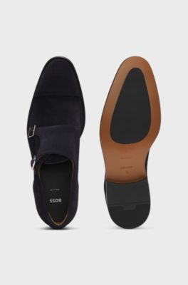 Monk shoes in suede with double strap, Dark Blue