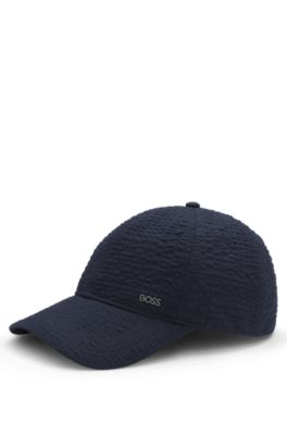 Cap in stretch-cotton seersucker with metallic logo lettering, Dark Blue