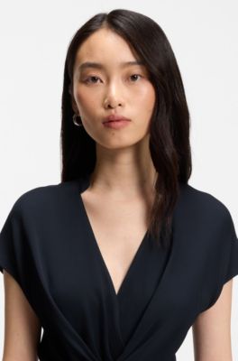 Wrap-front dress in stretch fabric, Dark Blue