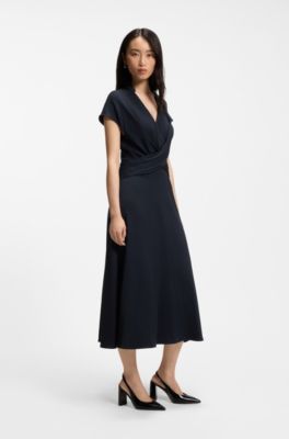Wrap-front dress in stretch fabric, Dark Blue