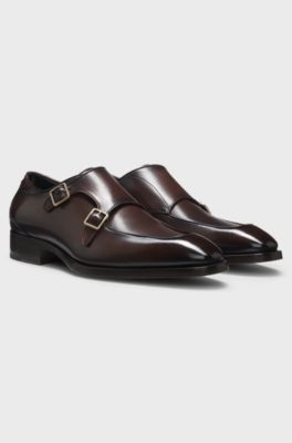 Brushed-leather monk shoes with double strap, Dark Brown