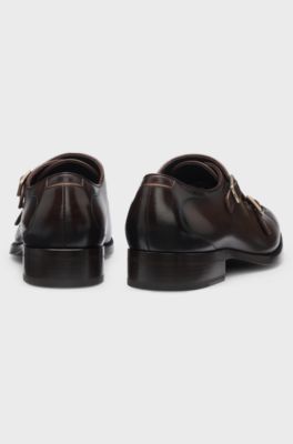 Brushed-leather monk shoes with double strap, Dark Brown