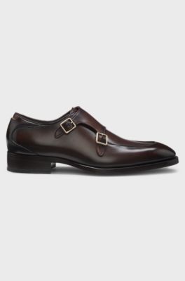 Brushed-leather monk shoes with double strap, Dark Brown