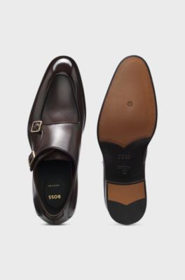 Brushed-leather monk shoes with double strap, Dark Brown