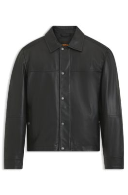 Regular-fit leather shirt with metal logo buttons, Black