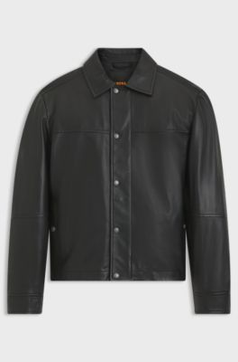 Regular-fit leather shirt with metal logo buttons, Black