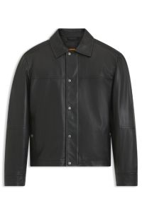 Regular-Fit Hemd aus Leder mit metallenen Logo-Kn&ouml;pfen, Schwarz