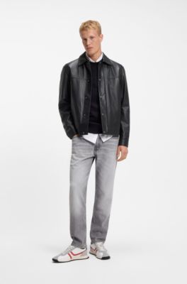 Regular-fit leather shirt with metal logo buttons, Black