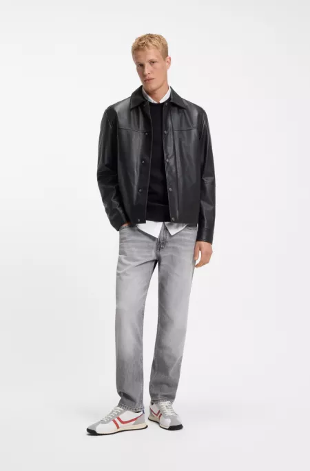 Regular-fit leather shirt with metal logo buttons