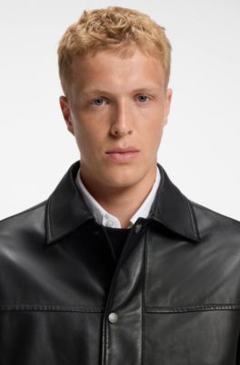 Regular-fit leather shirt with metal logo buttons, Black