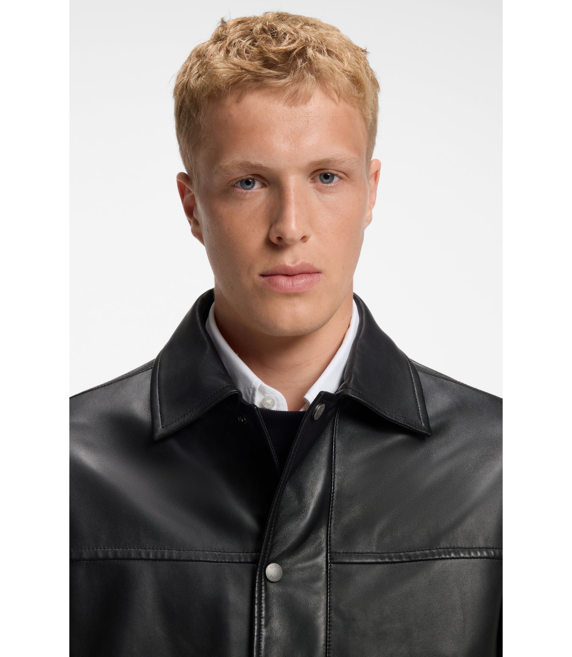 BOSS - Regular-fit leather shirt with metal logo buttons - Black