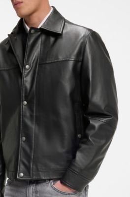 Regular-fit leather shirt with metal logo buttons, Black