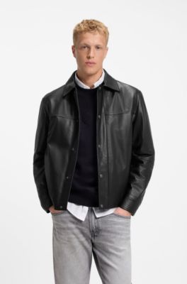 Camicia regular fit in pelle con bottoni in metallo con logo, Nero