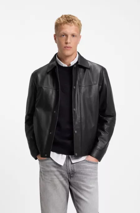 Regular-fit leather shirt with metal logo buttons