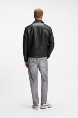 Regular-fit leather shirt with metal logo buttons, Black