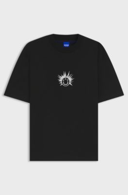 Cotton-jersey T-shirt with Happy HUGO artwork, Black