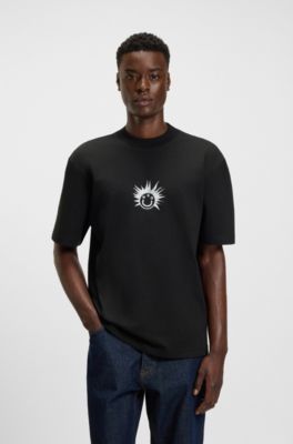 Cotton-jersey T-shirt with Happy HUGO artwork, Black