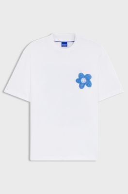 Cotton-jersey T-shirt with Happy HUGO logo artwork, White
