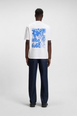 Cotton-jersey T-shirt with Happy HUGO logo artwork, White