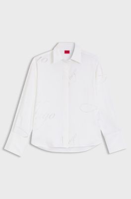 Oversized fit-blus med logo-tryck i devor&eacute;, Vitt m&ouml;nster
