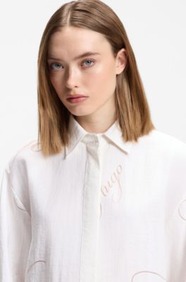 Oversized-fit blouse with burnout logo print, White Patterned