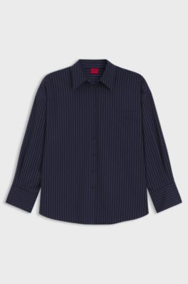 Regular-fit blouse in pinstripe cotton poplin, Dark Blue