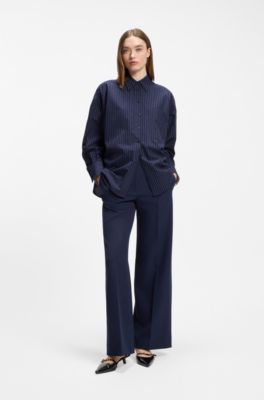 Regular-fit blouse in pinstripe cotton poplin, Dark Blue