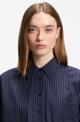 Regular-fit blouse in pinstripe cotton poplin, Dark Blue