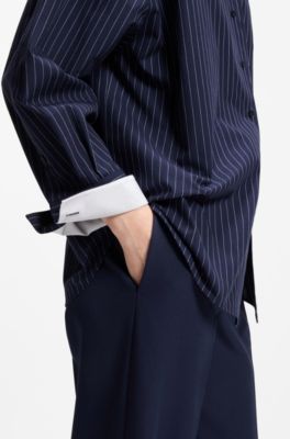Regular-fit blouse in pinstripe cotton poplin, Dark Blue