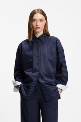 Regular-fit blouse in pinstripe cotton poplin, Dark Blue