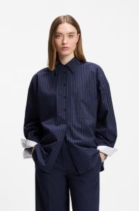 Regular-fit blouse in pinstripe cotton poplin, Dark Blue