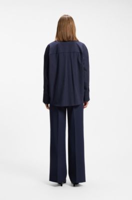 Regular-fit blouse in pinstripe cotton poplin, Dark Blue