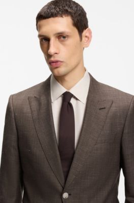 BOSS ONE Slim-fit suit jacket in wool, silk and linen, Dark Brown